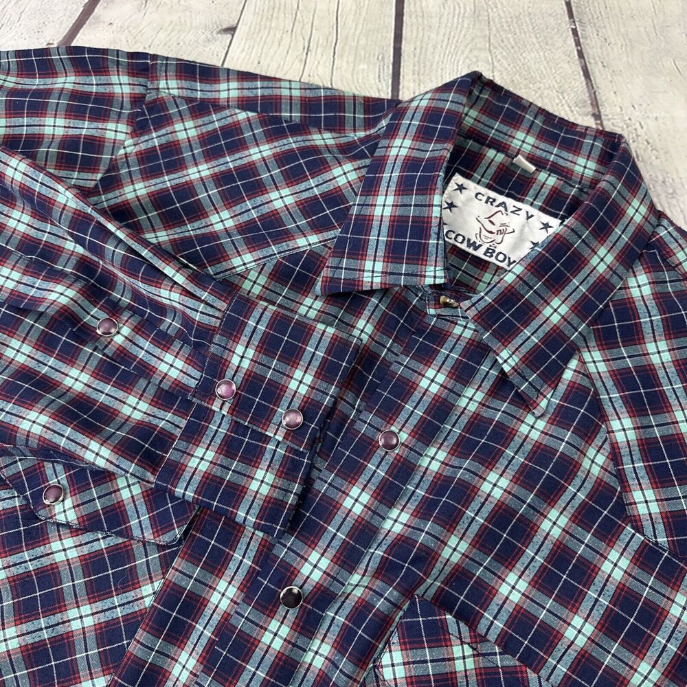 Crazy Cowboy Shirt Men L BlueRed Plaid Button Up Long Sleeve‎ Western Pearl Snap